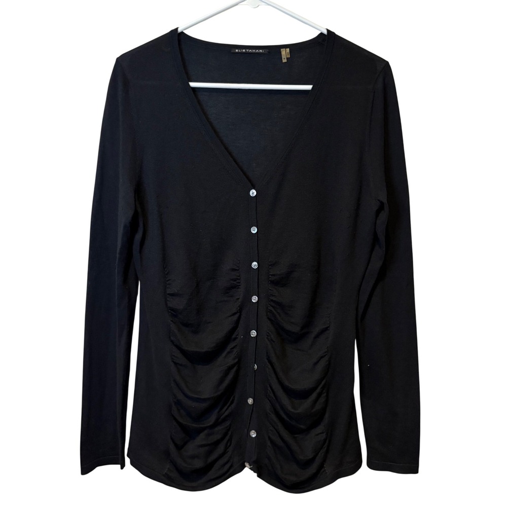 Elie Tahari Black Button Front Ruched Cardigan Sweater Silk Cashmere Blend M‎